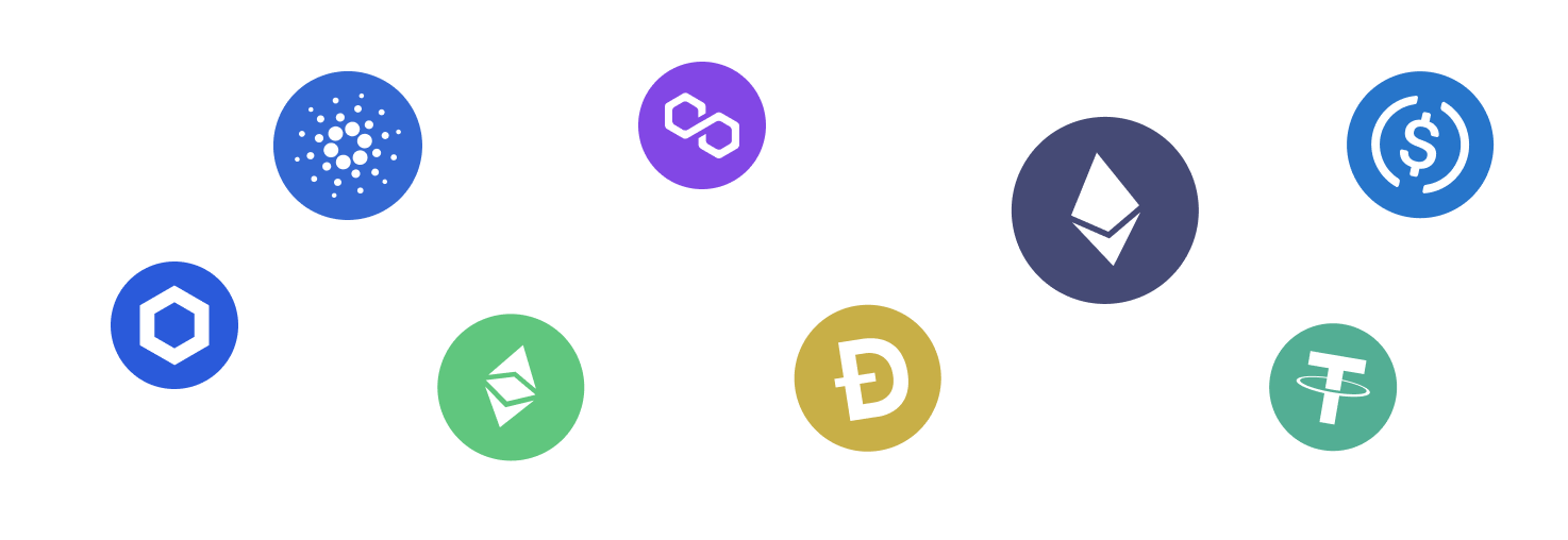 Collection of popular cryptocurrency coins supported by Trezor Suite app - bottom view
