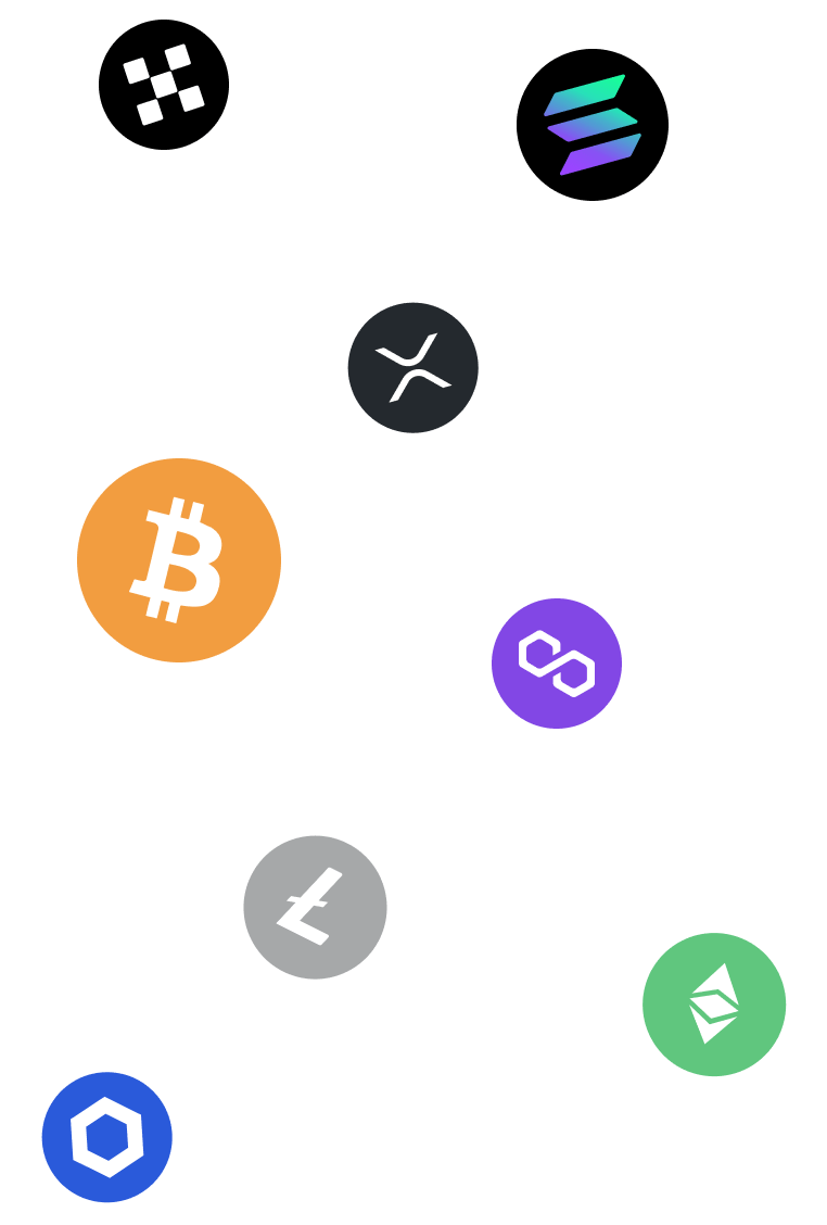 Collection of popular cryptocurrency coins supported by Trezor Suite app - left view